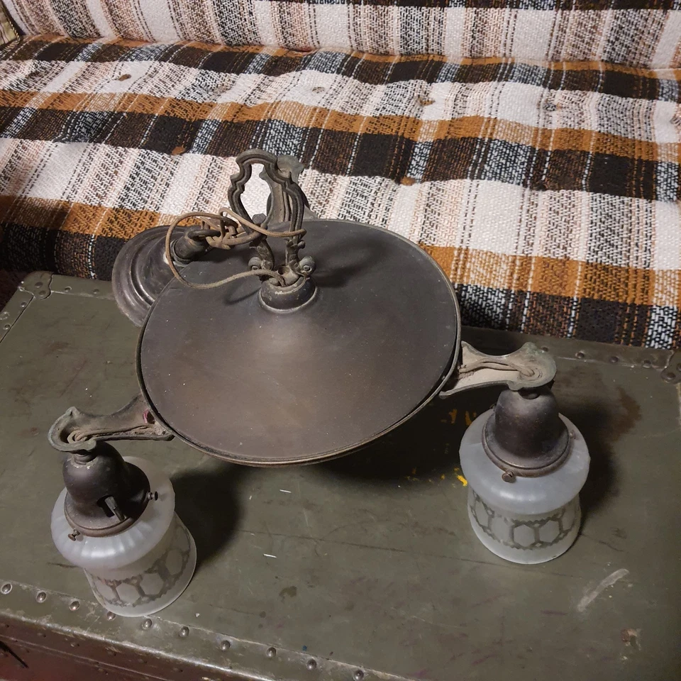 Antique Art Nouveau 1910's Drop Pan Chandelier Light Fixture 3 Frosted Shades - Image 2 of 4