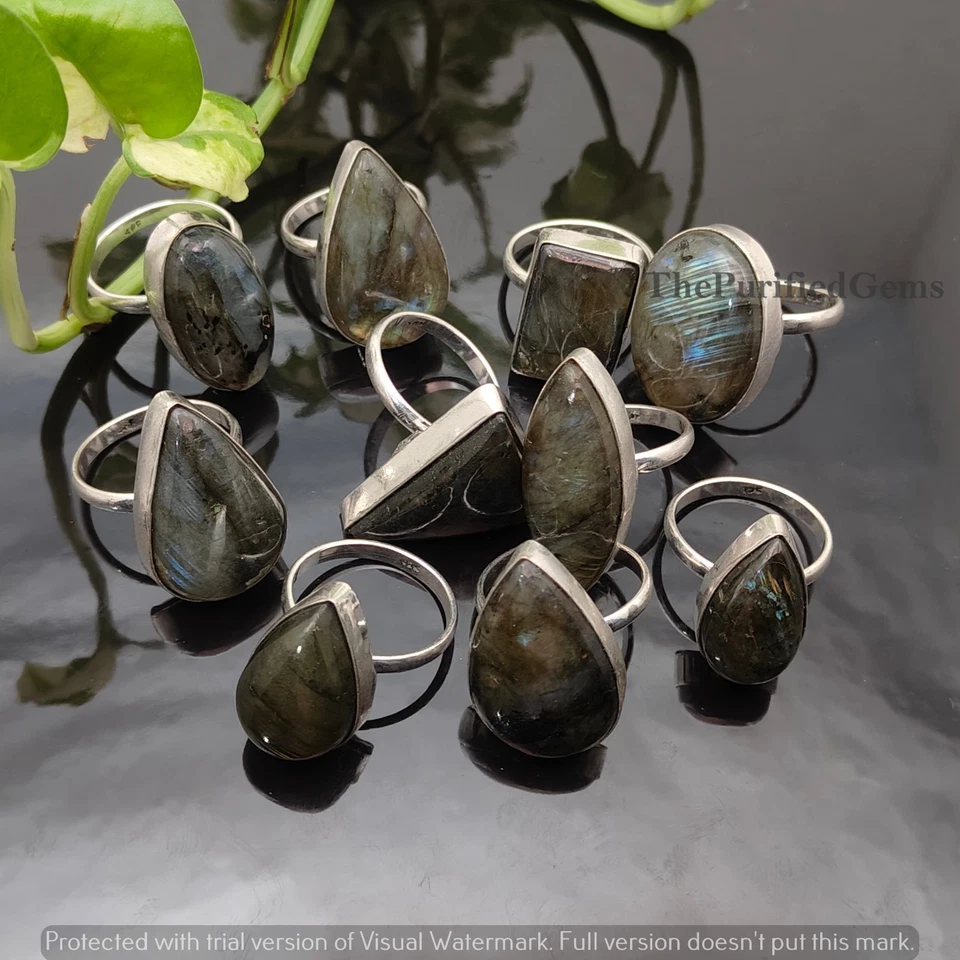 Lote de anillos surtidos de labradorita de fuego ~ anillos apilables enchapados en plata de ley 925 Foto 2 de 4