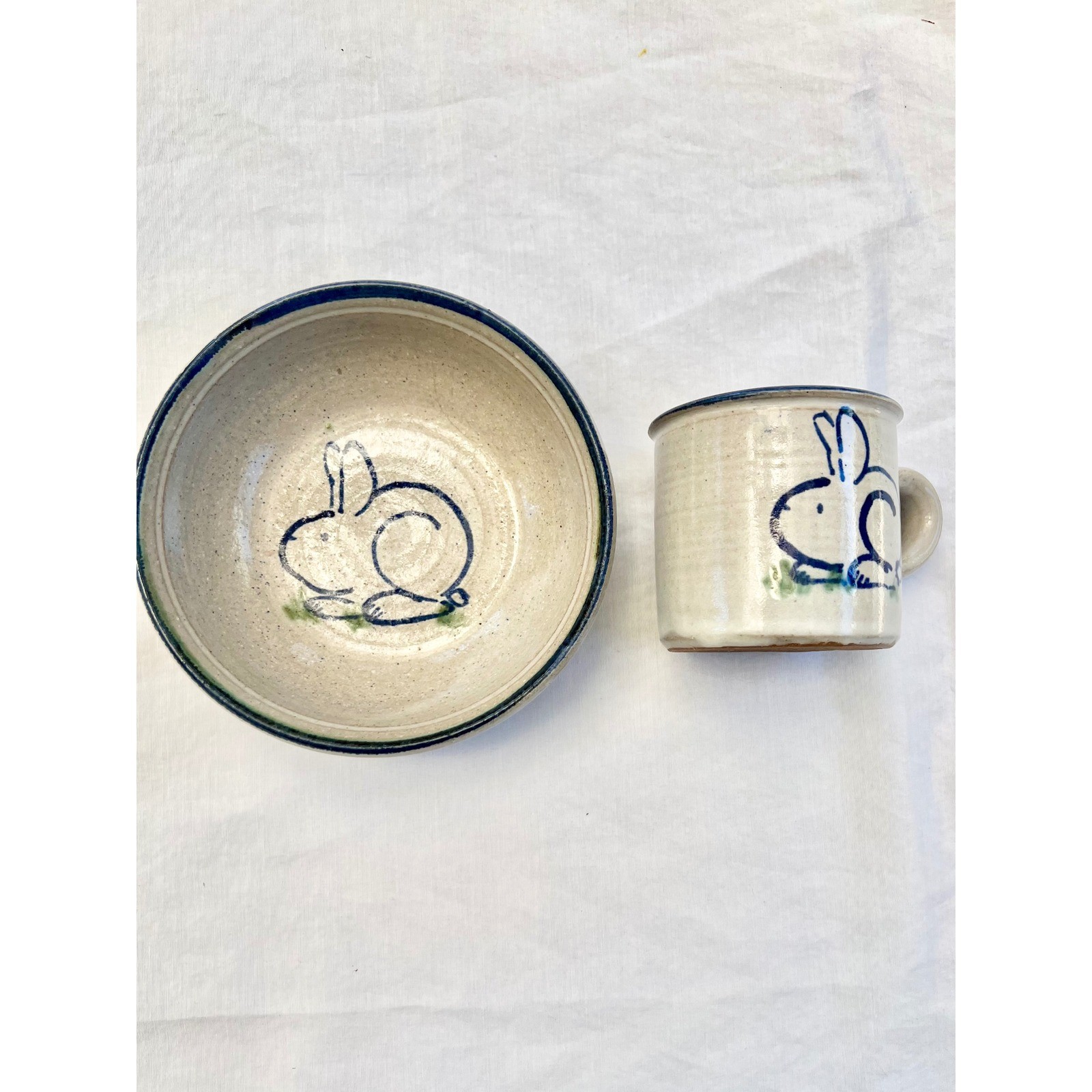 Studio Pottery Blue Bunny Rabbit Kids Bowl and Mug Set Hand Painted ...