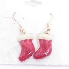 Red White Enamel Christmas Stockings Charm Drop Earrings