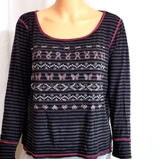 Style & Co Women's L Black T-Shirt Bead Work Abstract Boho Accent Stitching