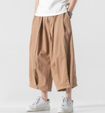 Mens Summer Breathable Pants Cotton Wide Leg Casual Retro Shorts Cropped Pockets