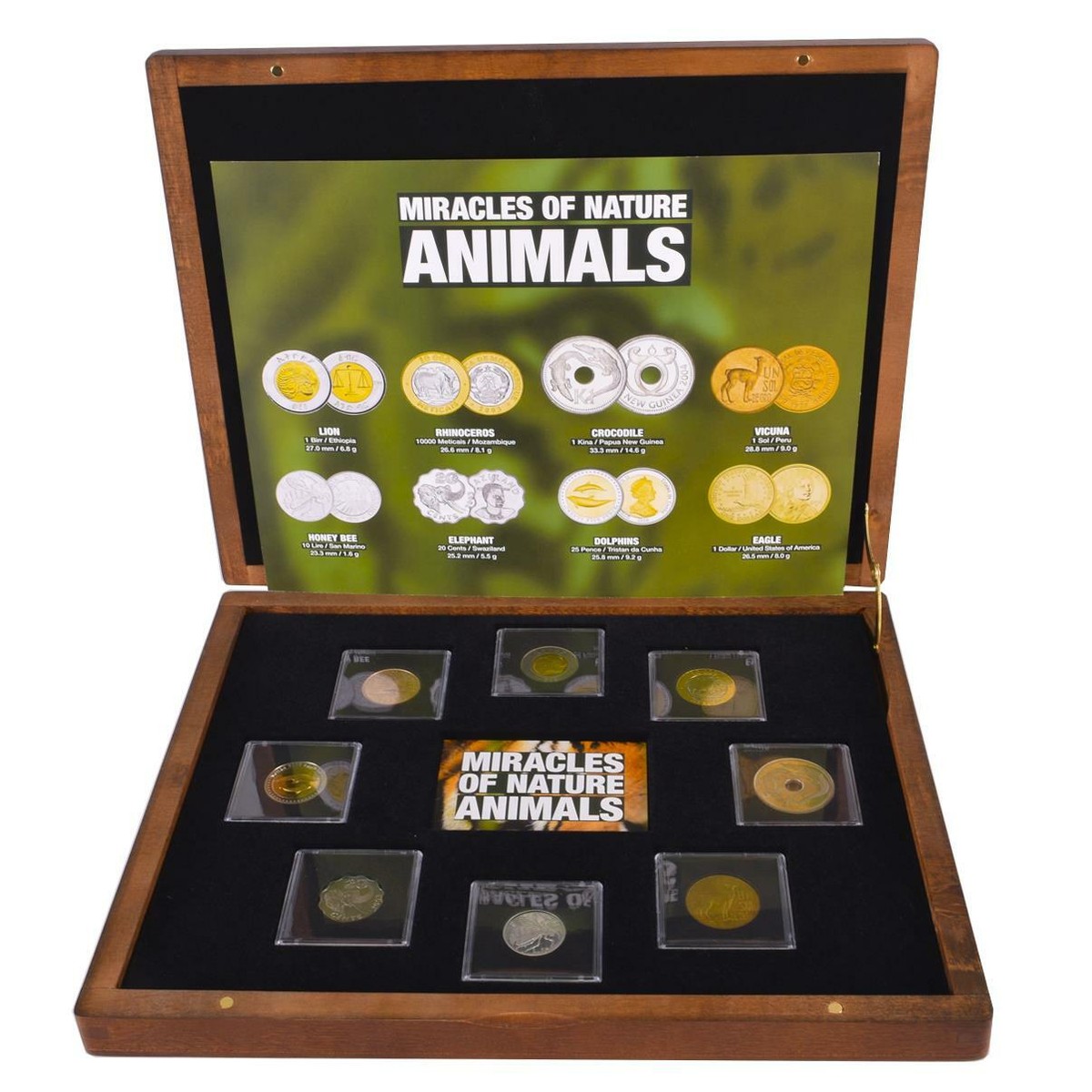 Collection of 8 Coins | World Animals | Exotic Countries | Wooden