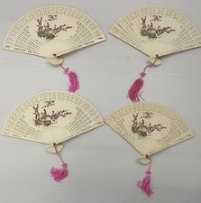 4 Vintage Chinese Handpainted Floral Cut Out Engraving Sandalwood Folding Fans