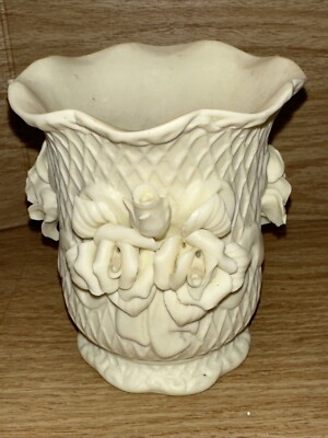 Antique Bisque Porcelain 3D Raised Flower Vase 4.25''x4'' White Roses Rose