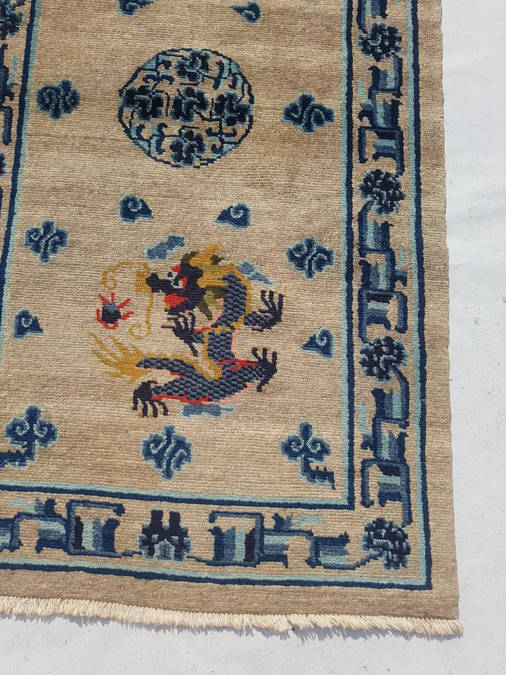 Antique Tibetan Dragons Blue Handmade Beautiful Wool Rug Carpet 165x90cm - image 2 of 4