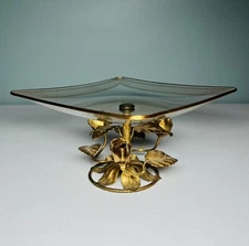Italian Gold Gilt Roses Glass Pedestal Compote Candy Dish Hollywood Regency 7.5”