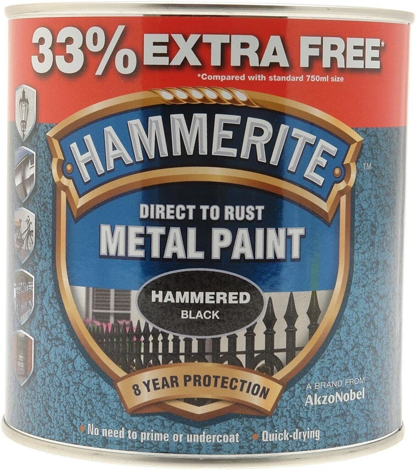Hammerite Hammered Direct To Rust Metal Paint Quick Drying Black 1L