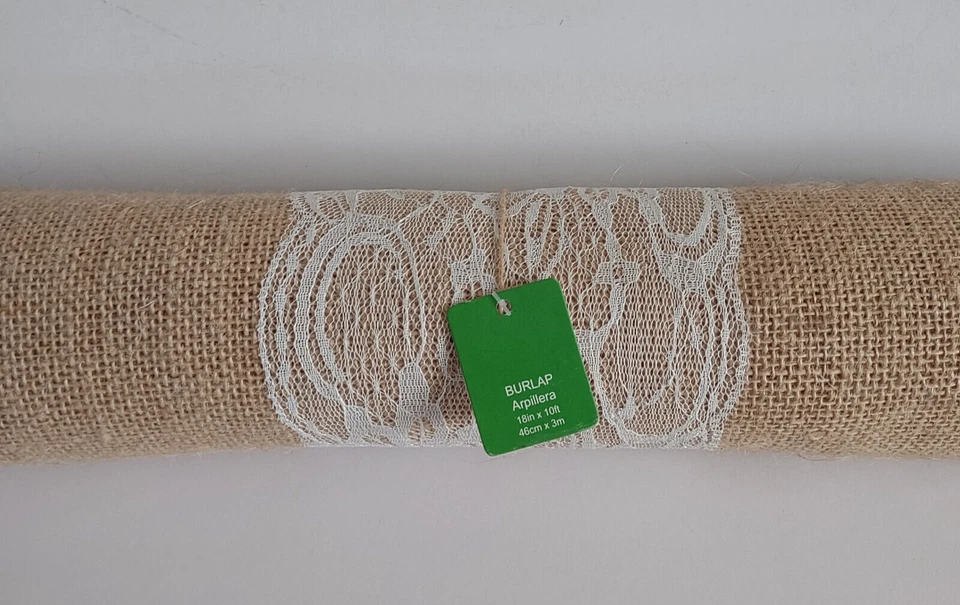 NWT 18 inch x 10 foot rolled burlap lace trim runner fabric Wedding party rustic - Image 2 of 4