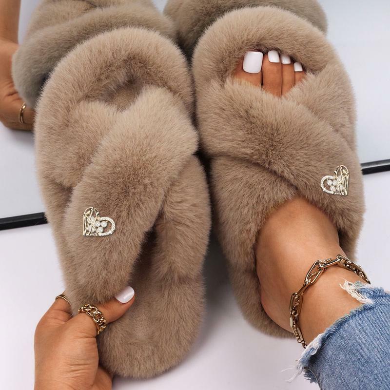 Slippers lady Fluffy Flip Flops Metal Bow Fuzzy Slides Rhinestone Heart  Casual | eBay