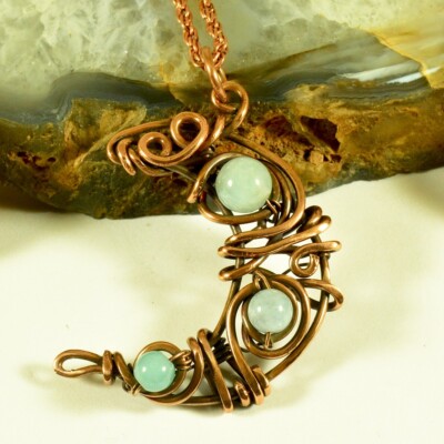 Crescent Moon Aquamarine Crystal Pure Copper Pendant - Wire Wrapped Jewelry