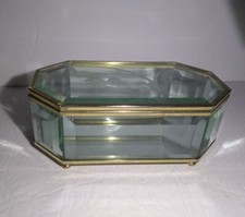 Vintage Hexagon Brass Beveled Glass Mirrored Footed Trinket Jewelry Box 6 1/4"