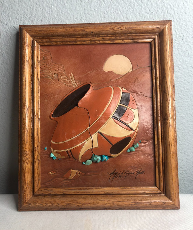 Roger & Marie Kull Southwest 3D Wall Art Leather Pottery Turquoise 12x10 Framed