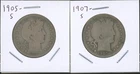 Lot of (2) Coins - 90% Silver Barber Half Dollars - 1905-S & 1907-S