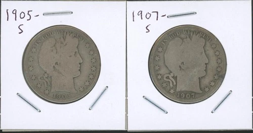 Lot of (2) Coins - 90% Silver Barber Half Dollars - 1905-S & 1907-S