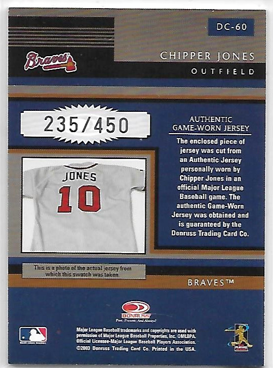 2003 DONRUSS DIAMOND KINGS CHIPPER JONES DIAMOND CUT GAME WORN JERSEY PATCH /450 view 2