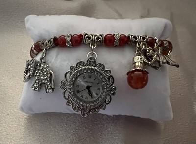 NEW! STRADA Ladies Watch w/Crystals/Elephant/Fairy Charms On Red Agate Bracelet