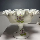 Fenton Ruffled Silver Crest Violets in the Snow Compote Dish hand painted & sign