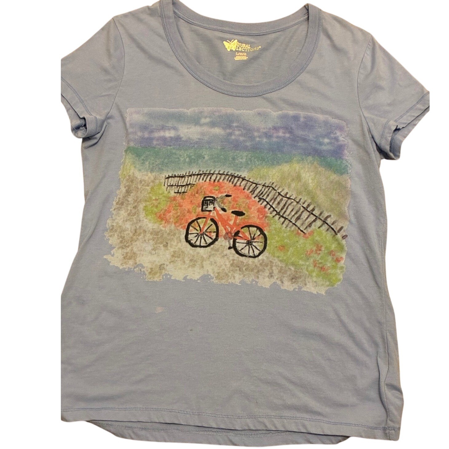 Natural Reflections Womens Blue Bicycle Beach Graphic T-Shirt Large Scoop Neck