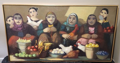 Large Original Art Oil On Canvas Depicting Peasant Women, International Artist