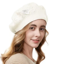 Flower Embroidery Beret Hat for Women, French Style Knitted Beret Hats, Styli...