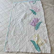 Vintage 1940s Hand Appliqu Tulip Quilt Panel 29 x30 Hand Quilted