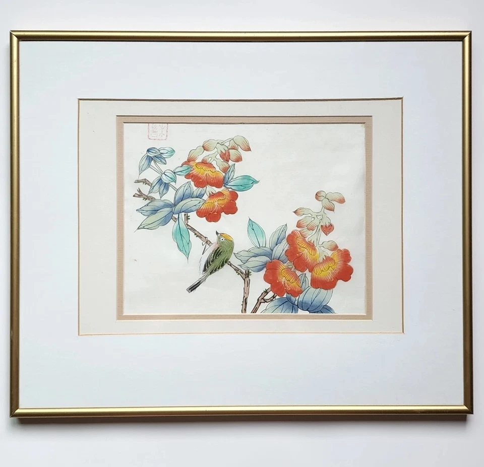 Pintura de seda asiática original de colección firmada enmarcada pájaro flores naranjas Kacho-ga Foto 2 de 4
