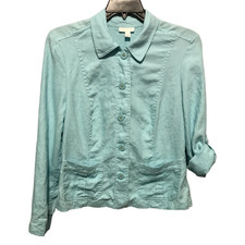 Charter Club Size Large Sky Blue 100 Linen Button Front Jacket Roll Tab Sleeve