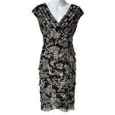 Adrianna Papell Womens Chiffon Tiered Cocktail Dress Sz 4 V Neck Quiet Luxury