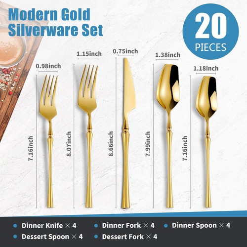 20-Piece Gold Silverware Set for 4,Modern 18/10 Stainless Steel Flatware Set,... - Picture 2 of 7