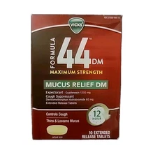VICKS FORMULA 44 DM Max Strength Mucus Relief 10 Extended Relief Tabs *02/22*