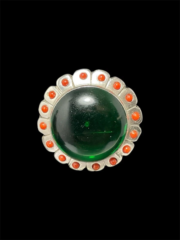 Anello Artigianale in Argento con Corallo Rosso Mediterraneo e Agata Verde - Immagine 2 di 4