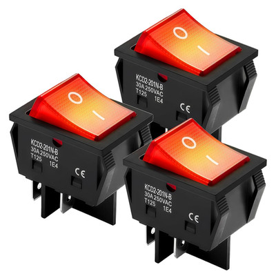 DPST Rocker Switch 30A 250V 4 Pin Red Lighted Toggle On Off 3 Pack