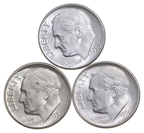 Choice Unc 1950 P+D+S Roosevelt Dime Gem BU Collection Lot Set *5829