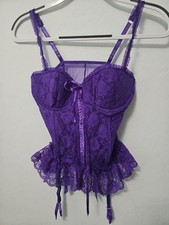 VTG Frederick's Of Hollywood Purple Lace Bustier Corset Top Gtr Size 36 Panties