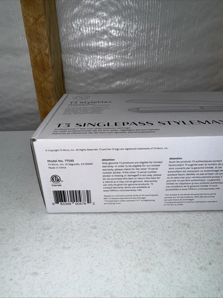 T3 StyleMax SINGLEPASS 9-Settings Professional 1" Flat Iron #77592 White NEW - Image 3 of 4