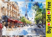 Paris Street Café 5"x7" Print on Matte Paper | Eiffel Tower Watercolor Painting