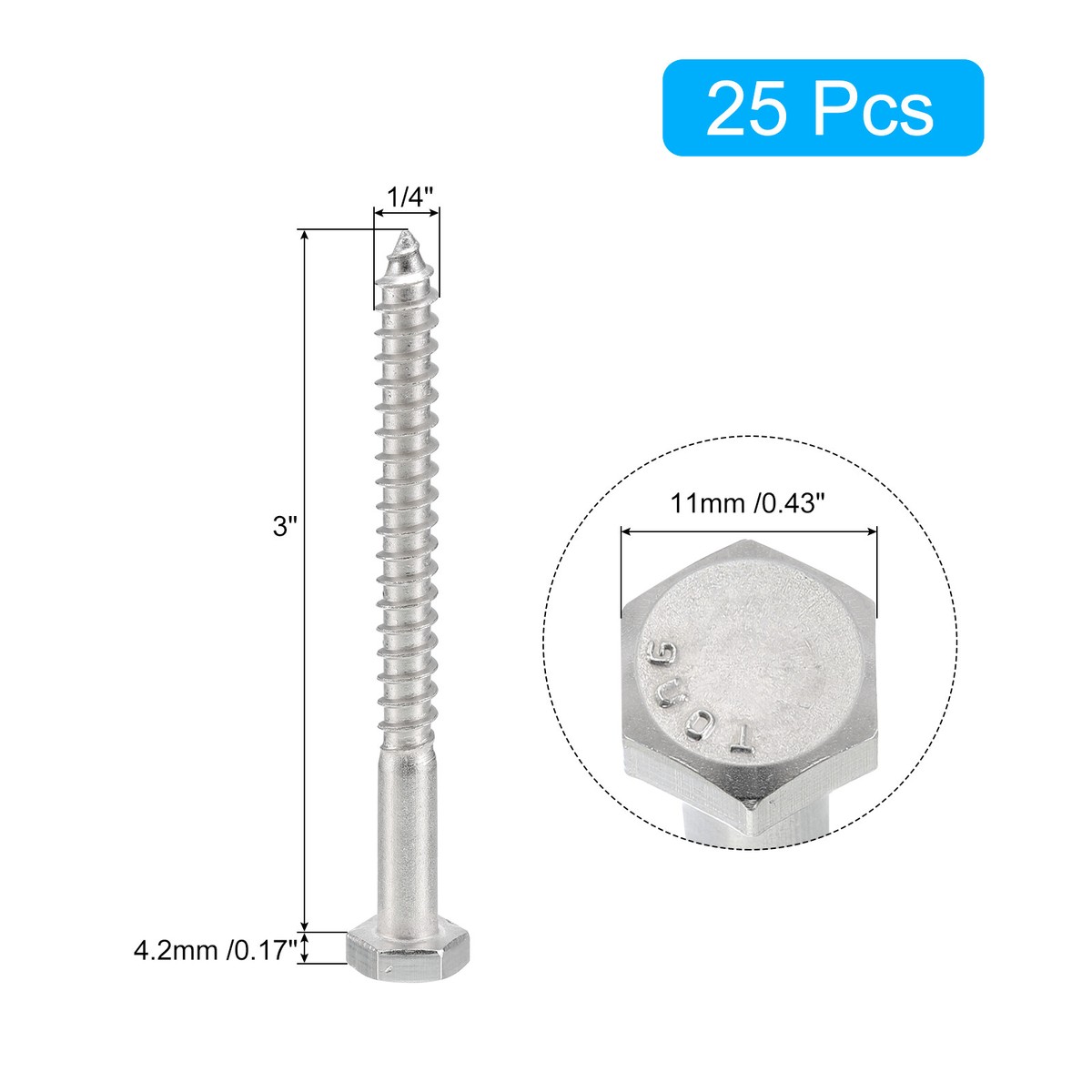 3/8 x 1-1/4 Lag Bolts Hex Head Stainless Steel Heavy Duty Wood Screws Qty 50
