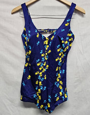 Vtg Sears Swimsuit Size 16-38 Blue Yellow Floral Print Tulip Button Front Padded