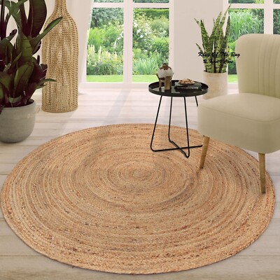 Teppich Jute Rund Natürlich 100% Handmade Wende Geflochten Rustikal Optik