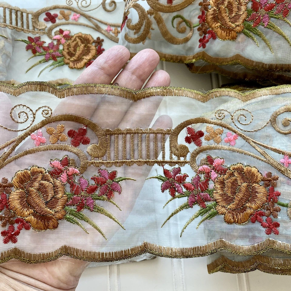 2 Yards Brown Floral Embroidered Double-edged Trim/Sewing/Crafts/Bridal/4" Wide - Image 2 of 4