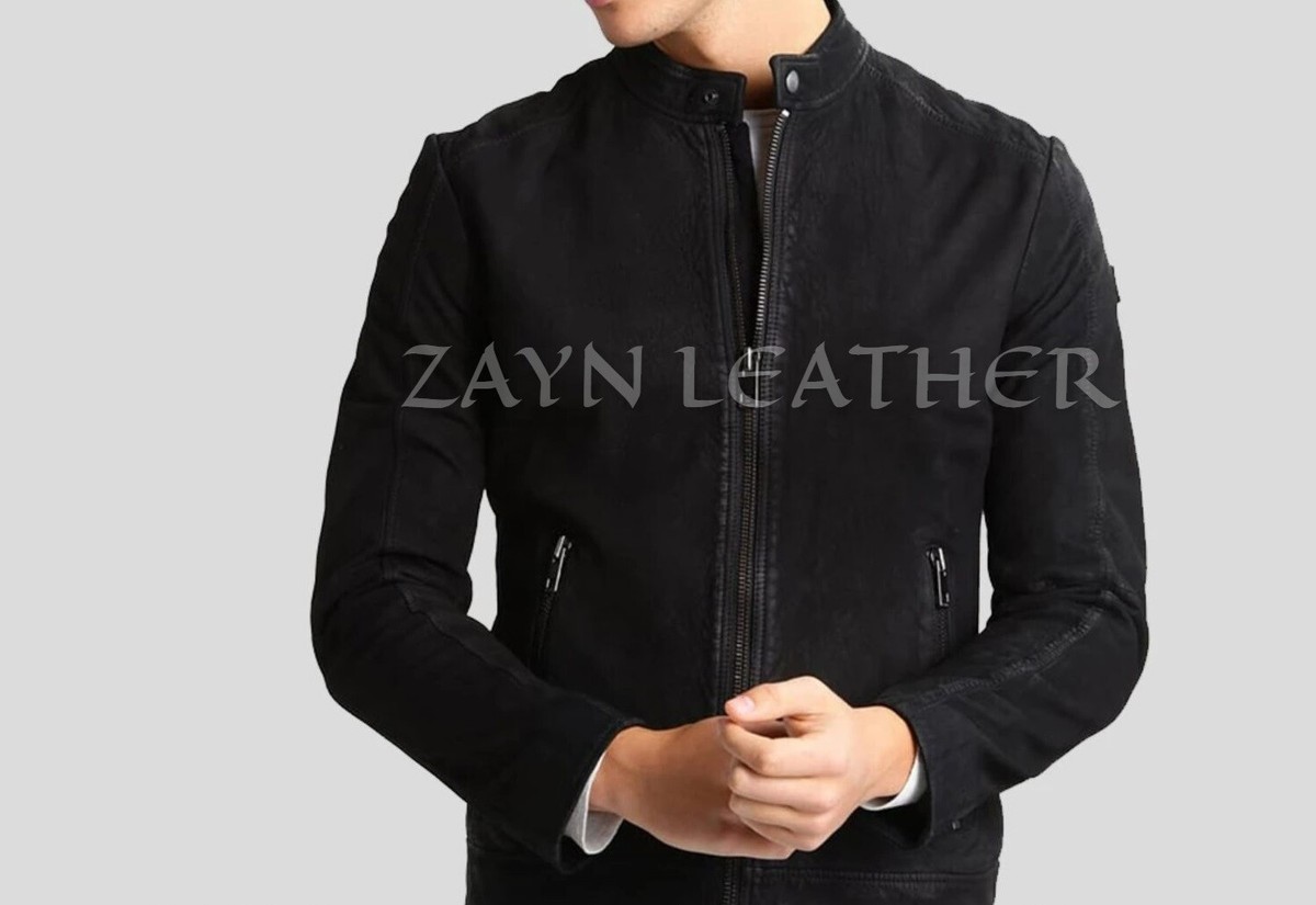 Men's Black Suede Leather Jacket Slimfit Café Racer Motorcycle