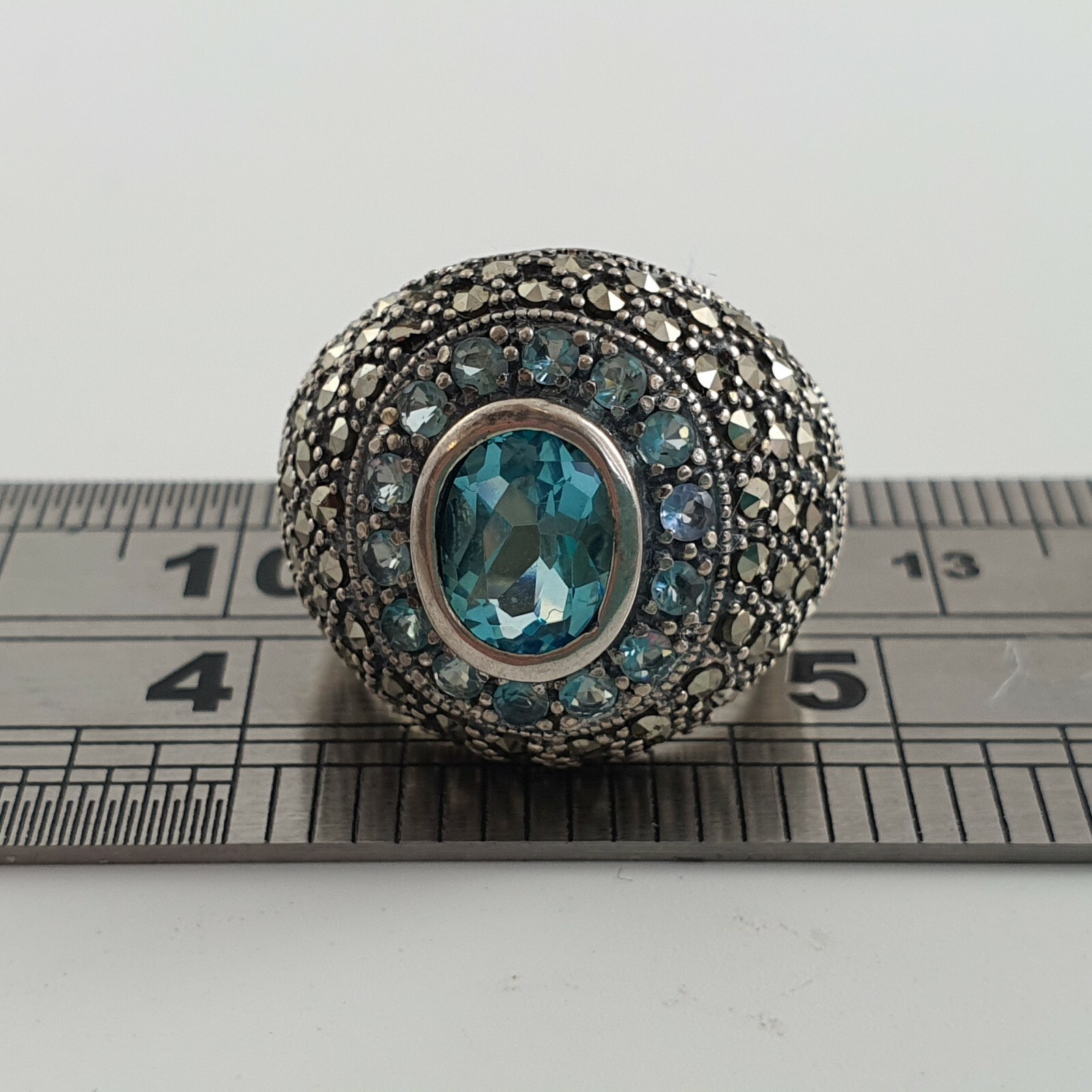 Photo 9 of Sterling Silver Ring with CZ and Marcasite stones Size K 9g ~ faux topaz. , R249
