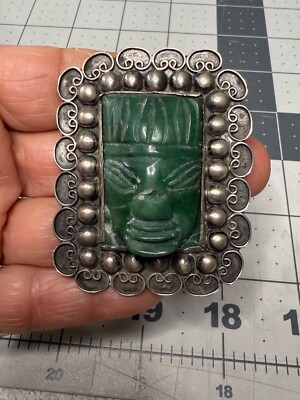 Vintage Mexican 925 Brooch-Carved Green Mask Aztec Mayan Revival, 33.5g READ