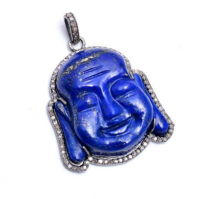 925 Sterling Silver Diamond Lapis Lazuli  Buddha carved figure Pendant Jewelry