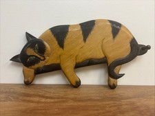 Cat shape Coat Clothes Rack Hook Wall Hanger Wood Green Eye black kitty art folk