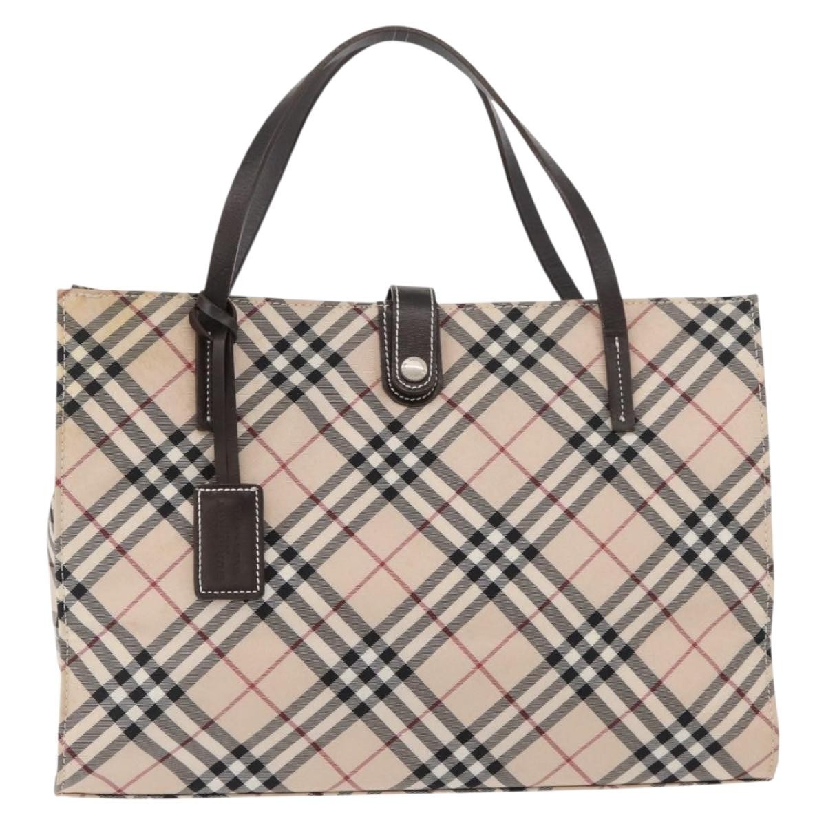 BURBERRY Nova Check Blue Label Hand Bag Nylon Beige Silver Auth