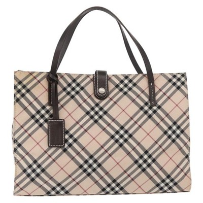 BURBERRY Nova Check Blue Label Hand Bag Nylon Beige Silver Auth