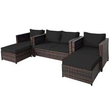 Patiojoy Patio 5PCS Rattan Furniture Set Loveseat Sofa Ottoman Cushioned Black
