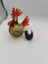 Hand Blown Art Glass Rooster  Chick Figurine Set Murano Style Decor
